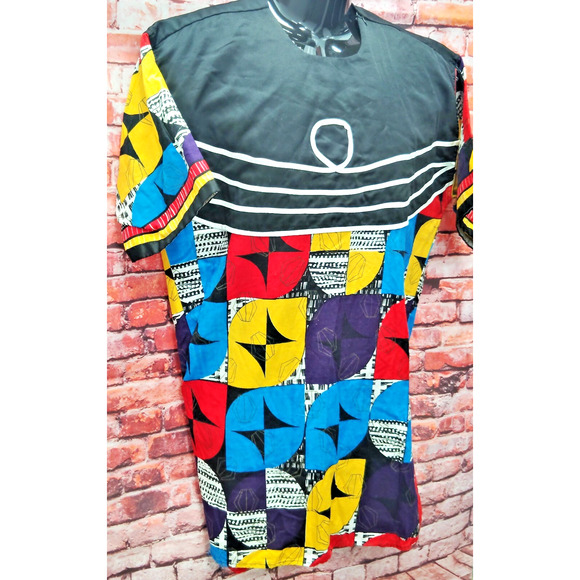 Mens Shirt Multi Geometric Print Short Sleeve Crew Neck Shoulder Zip Pullover - Picture 5 of 6